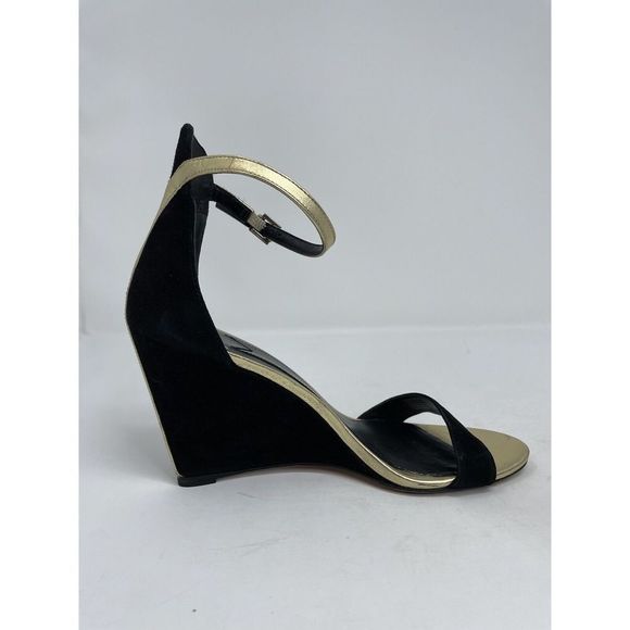 BRIAN ATWOOD Heels Womens 8 Black Suede Wedge Sandals Ankle Strap Gold Detail - Picture 6 of 11